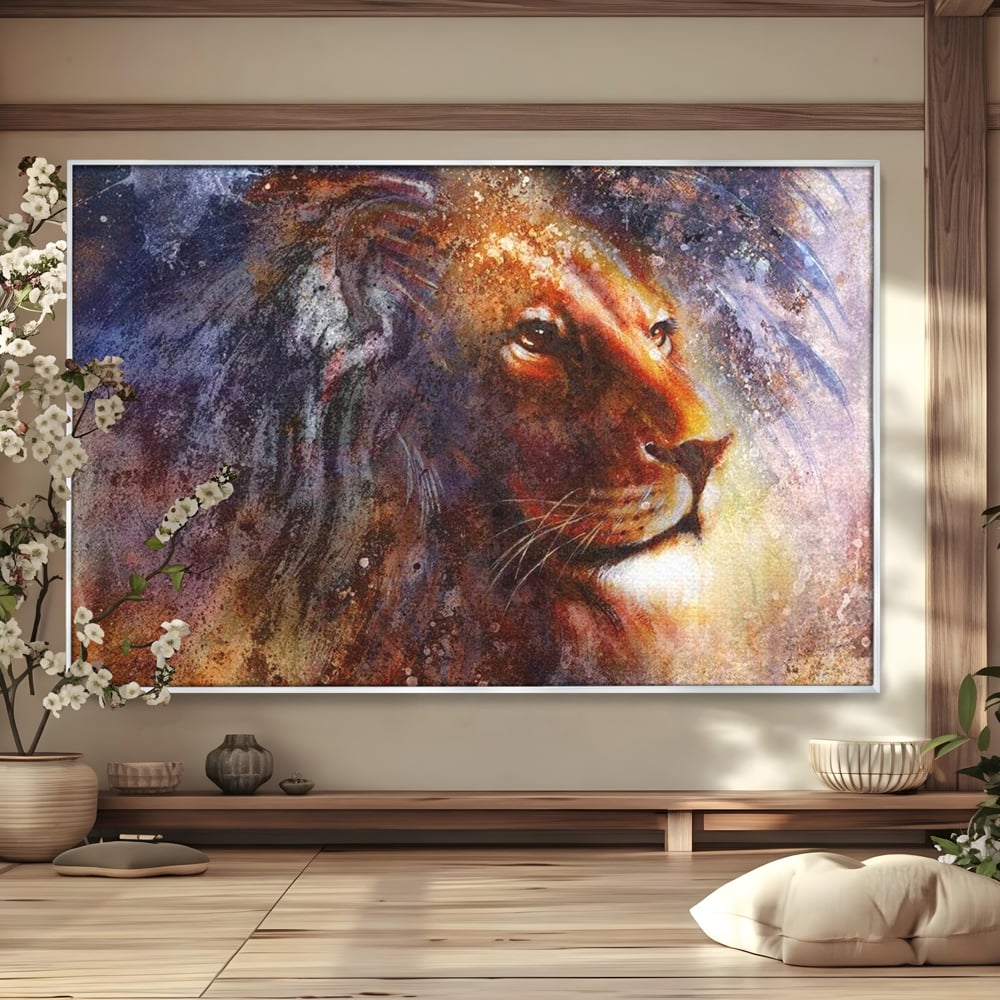 Tablou canvas cu tablou canvas cu leu in nuante cosmice, in rama de aluminiu argintiu
